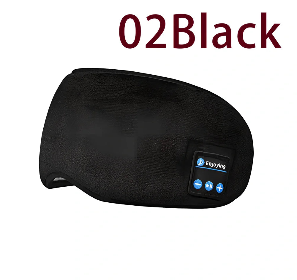 Black Bluetooth 5.0 eye mask with adjustable elastic strap and built-in speakers for wireless audio