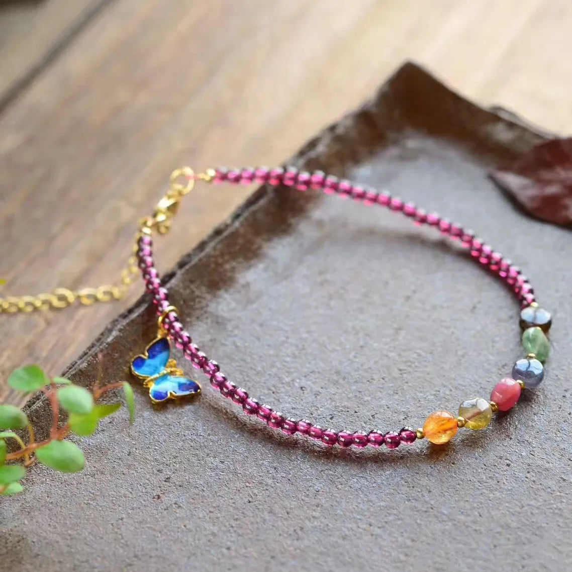 Purple garnet women's anklet with geometric ethnic design and included ankle chain