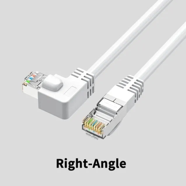 Black Cat6 Ethernet cable with a right-angled metal RJ45 connector, showing the 90-degree bend and cable length.