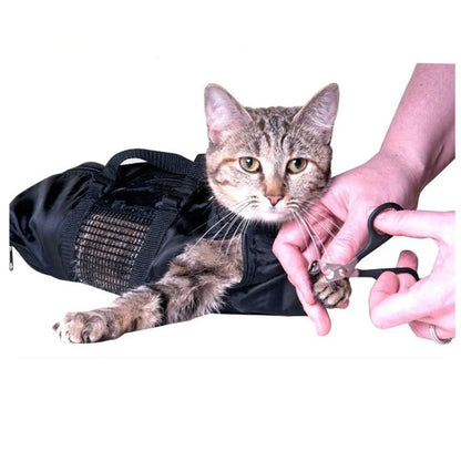 Black cat grooming restraint bag made from 420D PU Oxford fabric, shown open and folded.