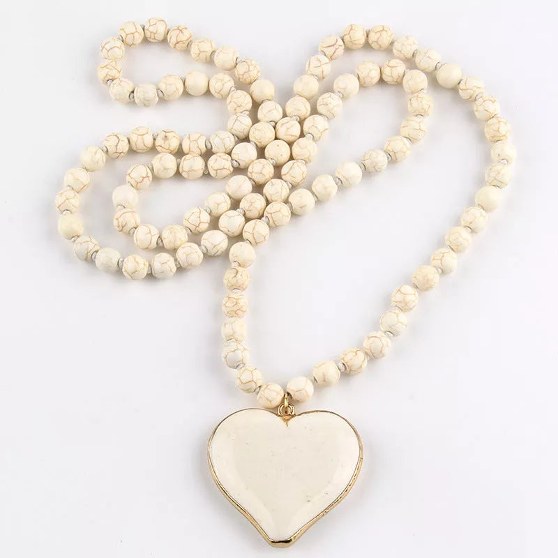 Handmade vintage ethnic style necklace with heart-shaped Mother Pearl pendant and turquoise beads