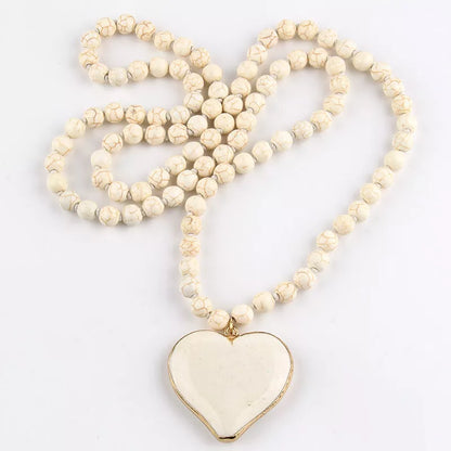 Handmade vintage ethnic style necklace with heart-shaped Mother Pearl pendant and turquoise beads