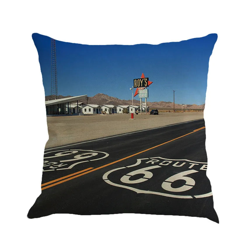 Us Route 66 linen blend cushion cover with European landscape pattern, 45x45cm dimensions, six colour options