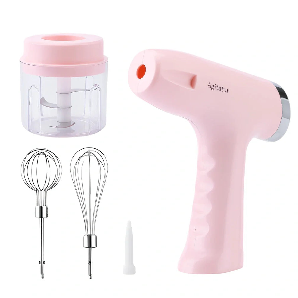 Pink electric whisk with stainless steel beaters showing 5-speed dial and compact 12cm housing
