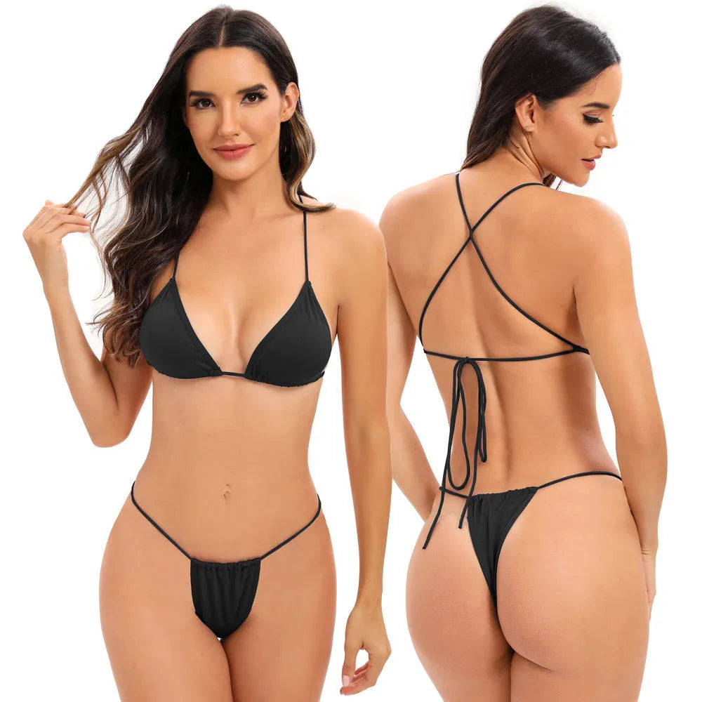 Women's candy coloured cross strap split swimsuit with multiple adjustable straps