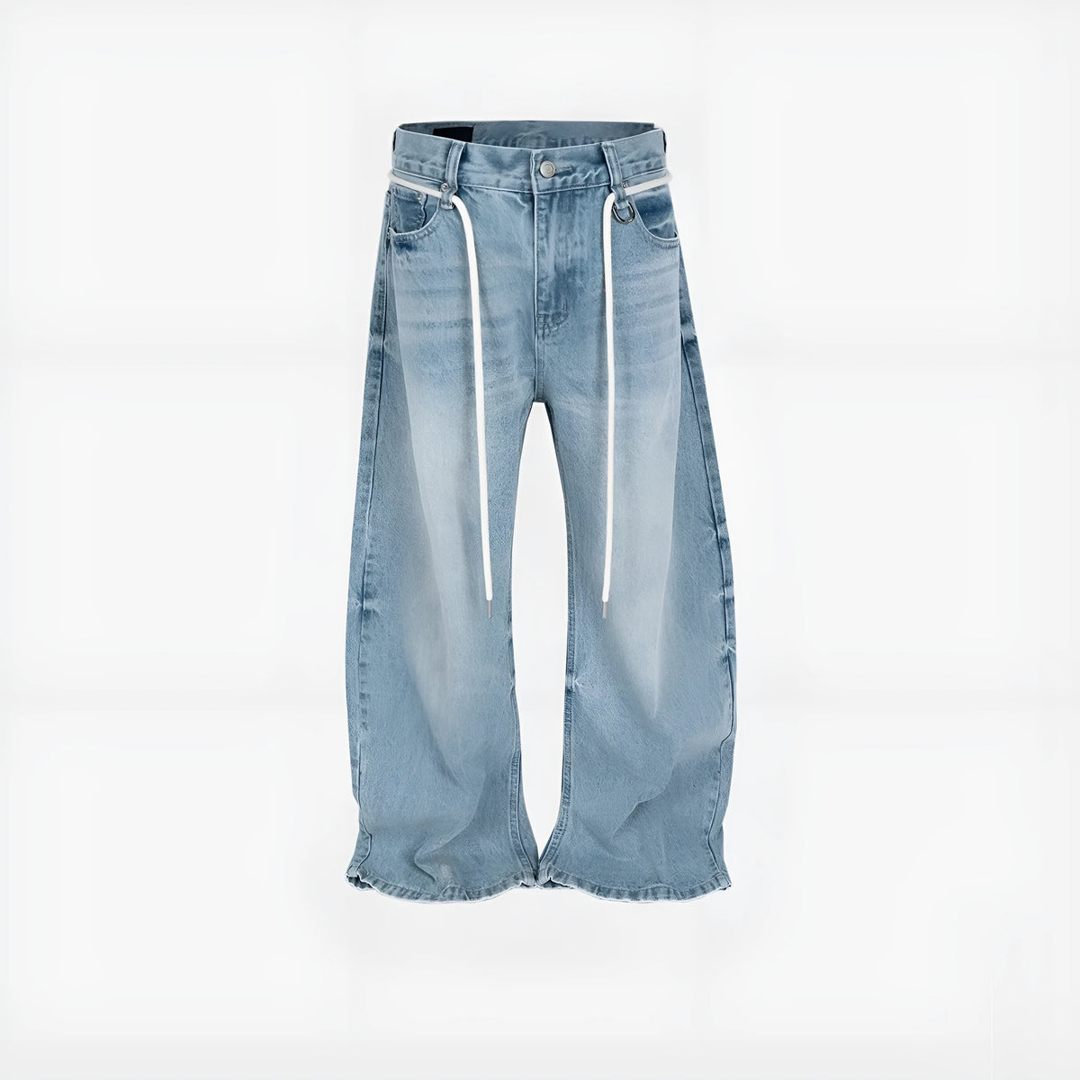 Blue vintage washed straight-leg denim trousers with a drawstring waistband on a hanger.