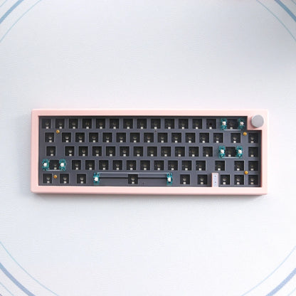 Customisable DIY mechanical keyboard kit with RGB backlighting and control knob, shown in multiple colour options