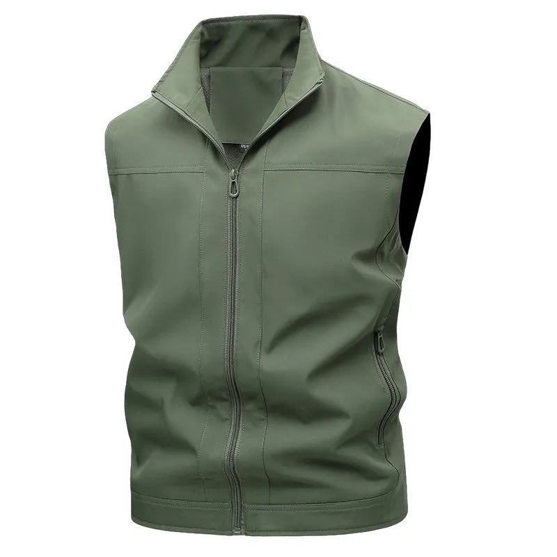 Men's loose fit casual work shirt with a stand-up collar in an army green colour.