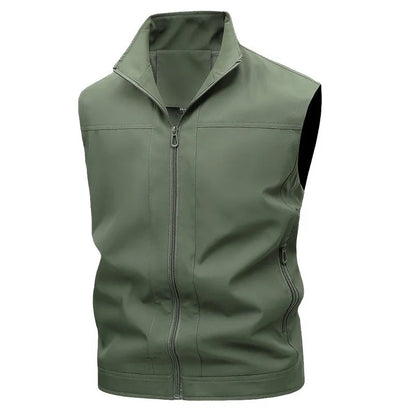 Men's loose fit casual work shirt with a stand-up collar in an army green colour.