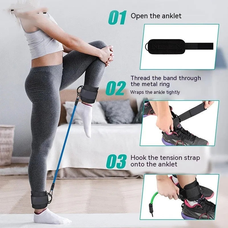 TPE resistance band set with 10, 20, 30 pound options and ankle buckle design for hip and leg exercises
