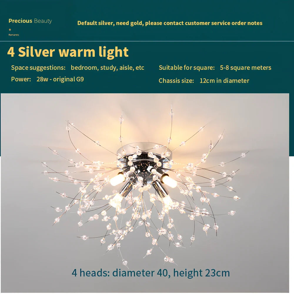 40cm dandelion crystal ceiling lamp with four adjustable heads in chrome finish