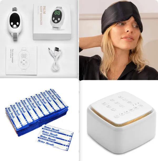 White handheld sleep aid remote control device with USB charging port on a bedside table.
