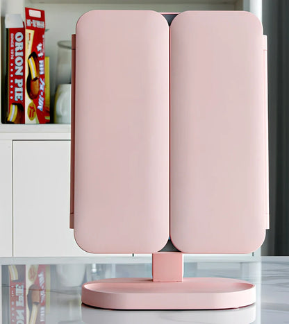 White LED makeup mirror with folded design showing rotation mechanism and magnification lenses