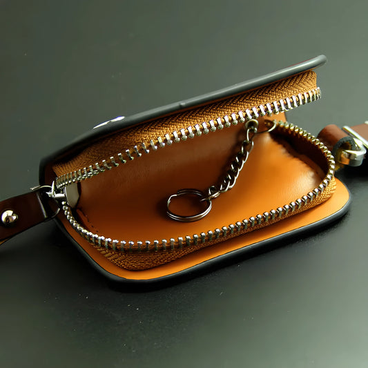 Genuine cowhide leather car key case with frosted finish in black and brown colours