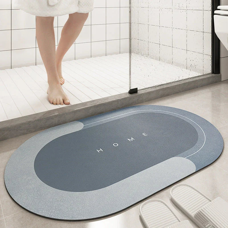 Plush bath mat with rectangle or oval design in various colors and sizes for bathrooms with sliding doors