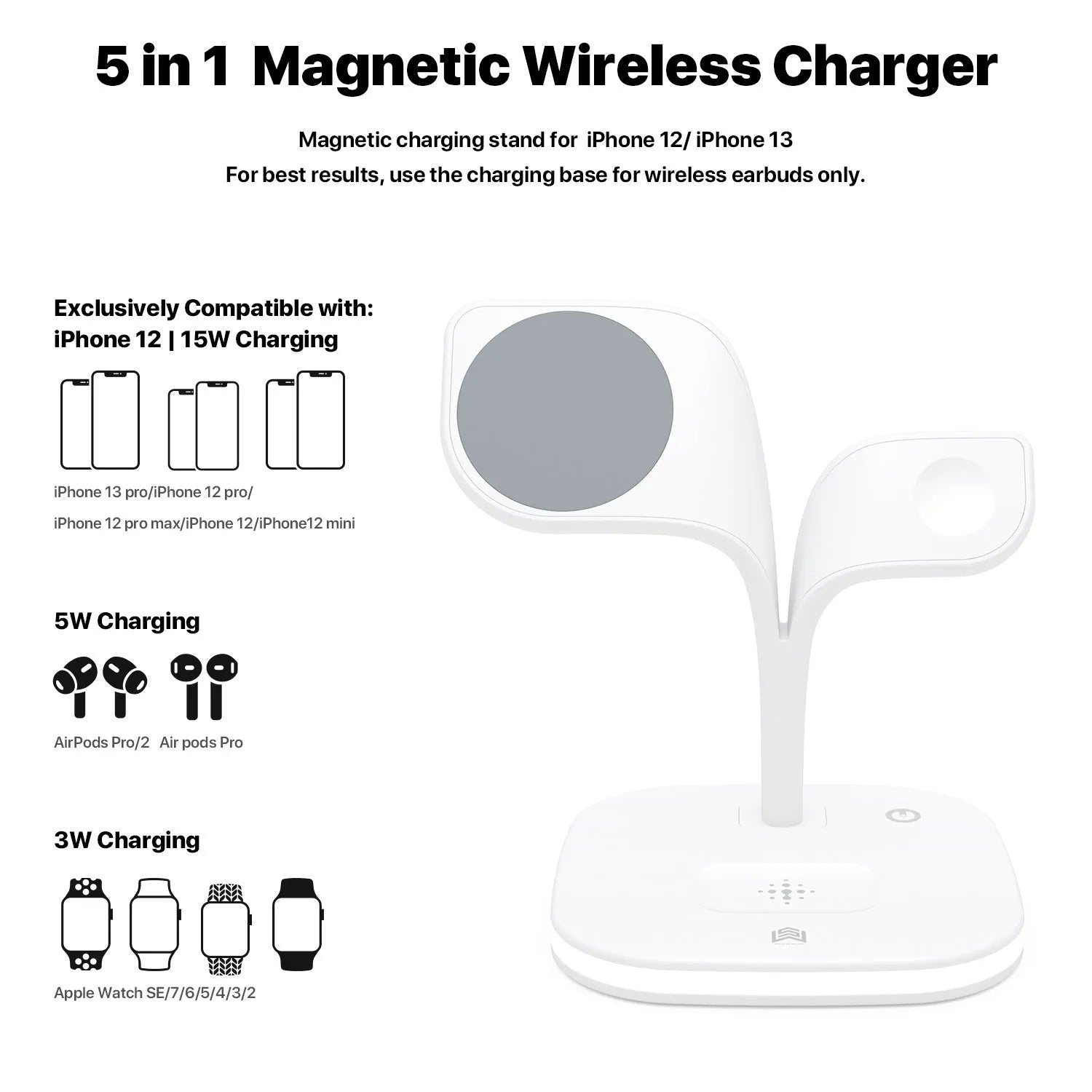 Black desktop wireless charging stand showing phone, smartwatch and headphone charging simultaneously