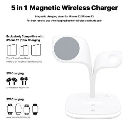 Black desktop wireless charging stand showing phone, smartwatch and headphone charging simultaneously