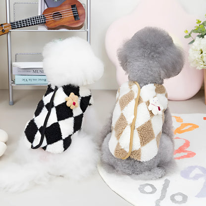 Coral velvet pet vest with diamond plaid pattern in black or brown, sizes S to XXL for cats and dogs.