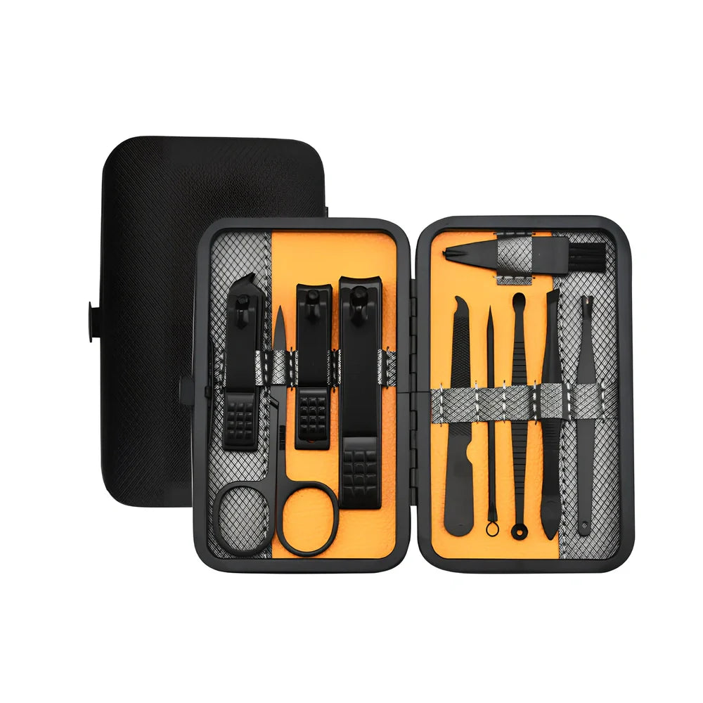 Beauty manicure nail care kit with stainless steel tools in red PU leather case weighing 397g