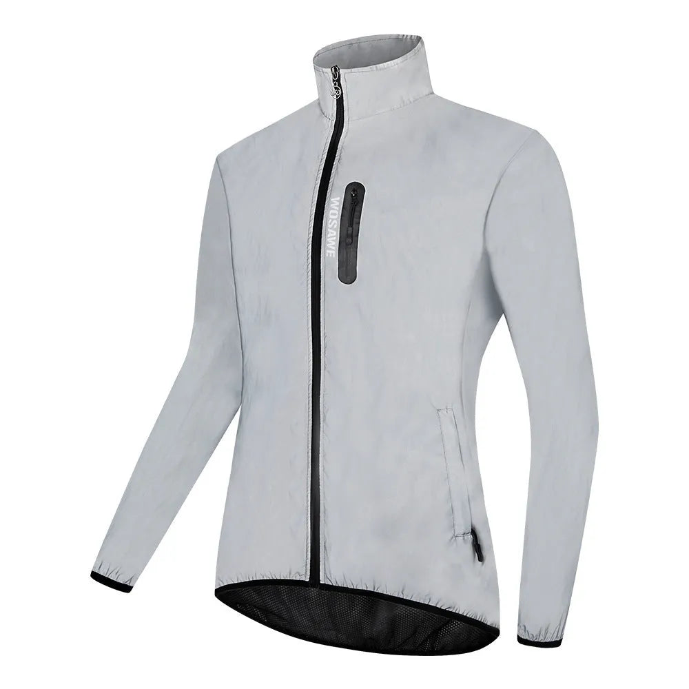 Waterproof polyester long sleeved top in BL220 silver colour showing front view and sizing details