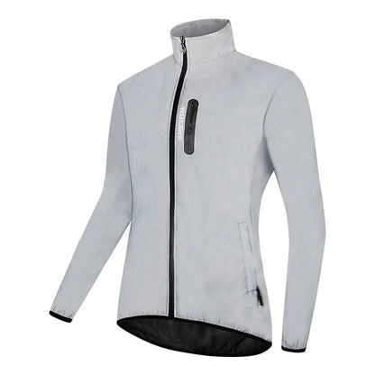 Waterproof polyester long sleeved top in BL220 silver colour showing front view and sizing details