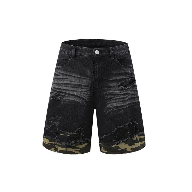 Men's black denim short sleeve suit with leopard print and cut edge stitching, paired with matching shorts.