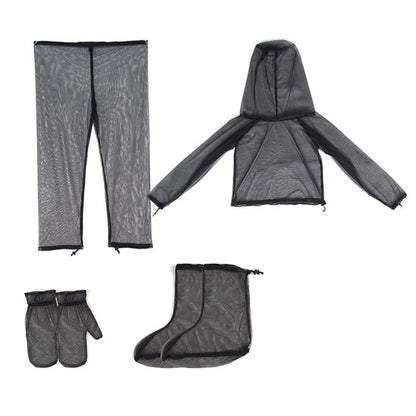 Four-piece mesh anti-mosquito suit set showing hooded top, pants and booties for outdoor activities