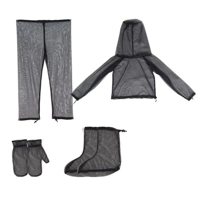 Summer camping anti mosquito suit set with mesh fabric, quick-drying, breathable design for hiking climbing fishing activities, available in S/M, L/XL, XXL sizes, includes hooded top, pants, booties in four-piece set for men and women