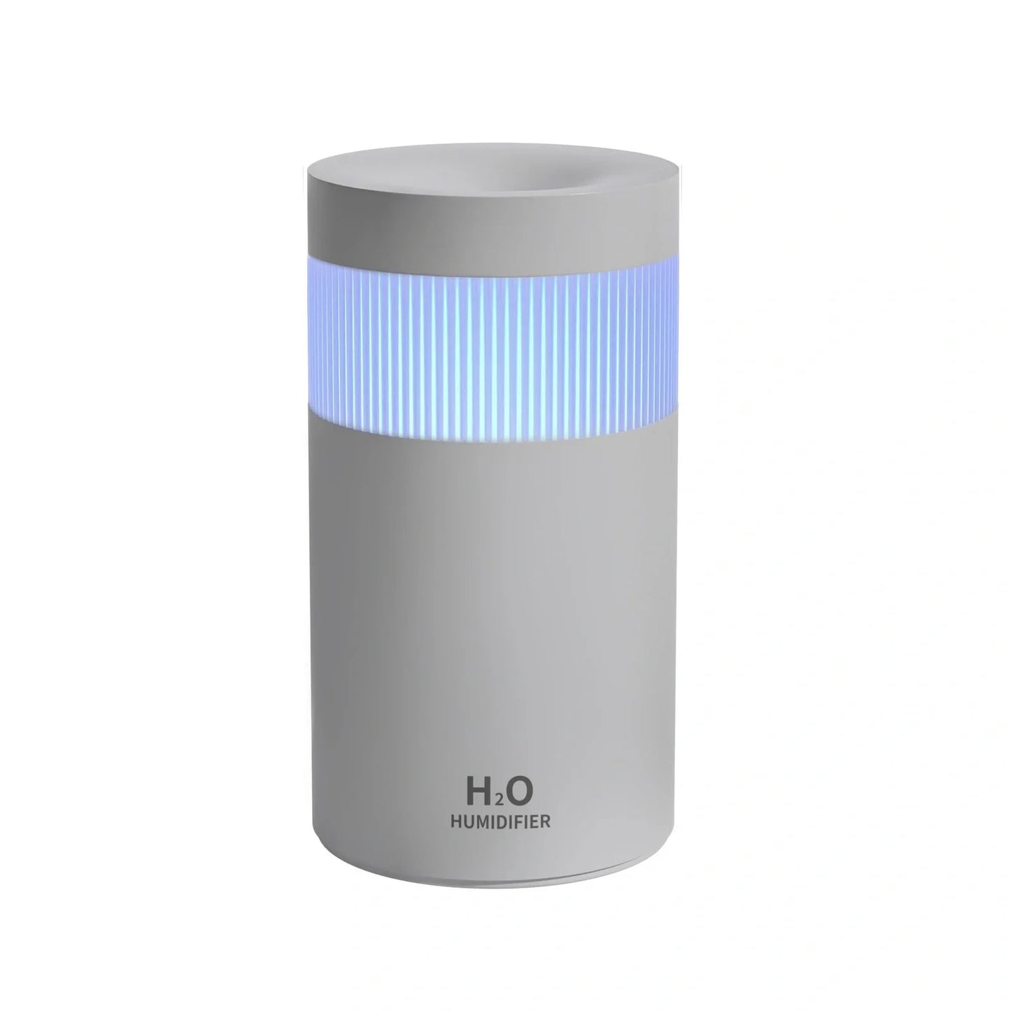Grey mini USB humidifier measuring 73x73x132mm with water tank and seven-colour light display