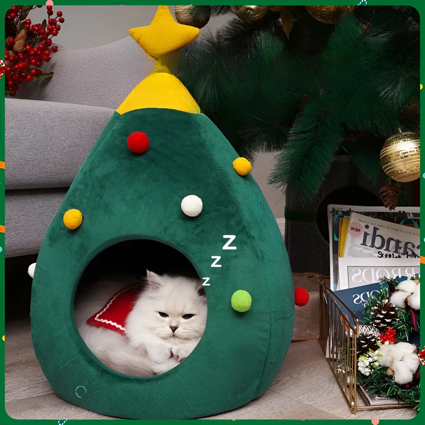 Christmas tree-shaped plush pet cave bed with detachable cover in three sizes for cats and small dogs
