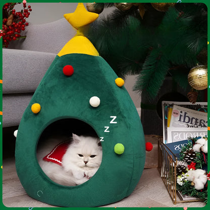 Christmas tree-shaped plush pet cave bed with detachable cover in three sizes for cats and small dogs