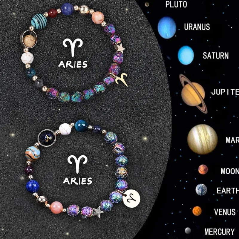 Adjustable natural stone zodiac beaded bracelet showing twelve different sign styles with 8mm beads
