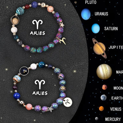 Adjustable natural stone zodiac beaded bracelet showing twelve different sign styles with 8mm beads
