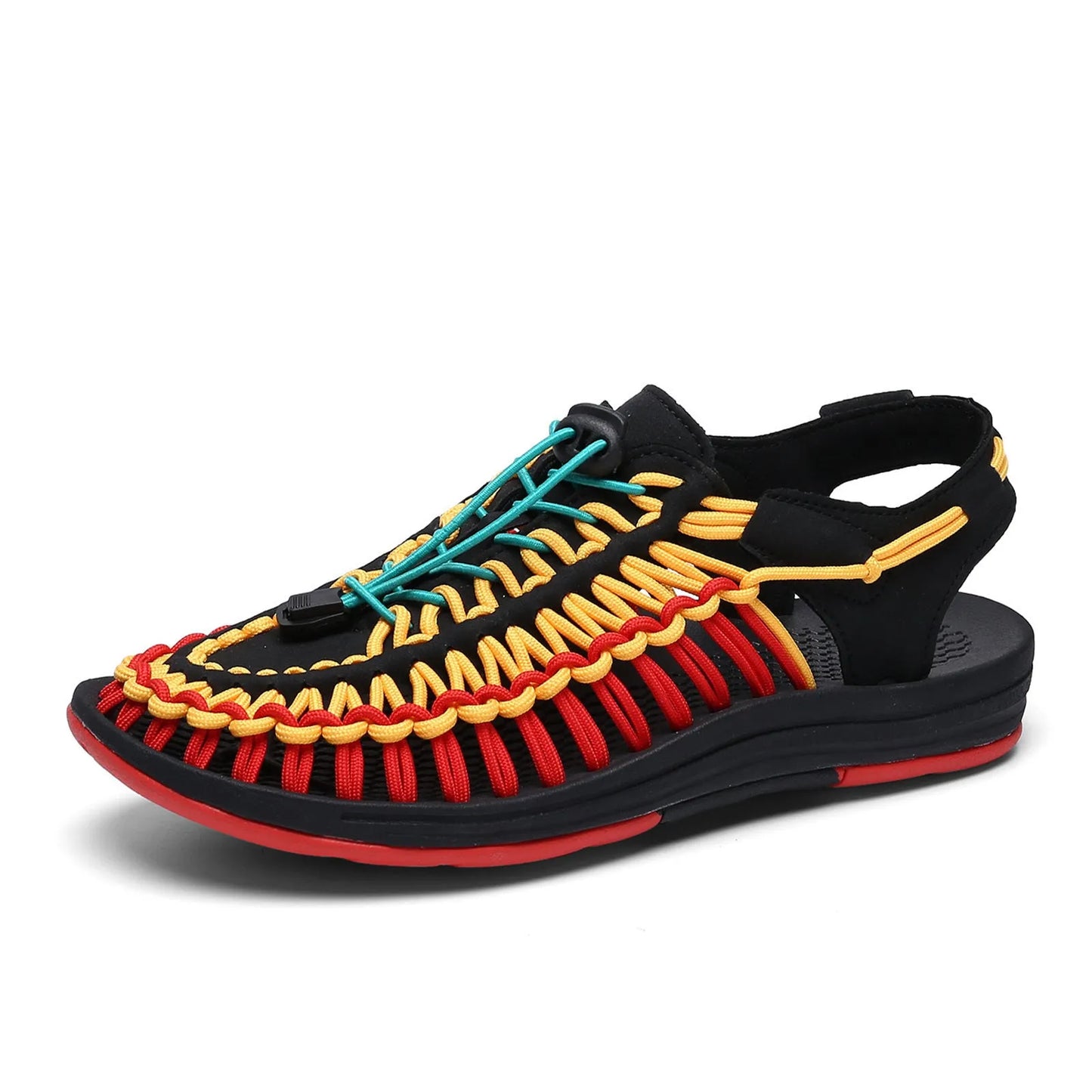 Fashion woven sandals with elastic drawstring tie closure and rubber sole in rainbow colour