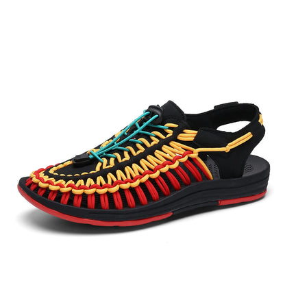 Fashion woven sandals with elastic drawstring tie closure and rubber sole in rainbow colour