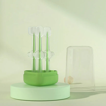 Silicone pet toothbrush with long handle in blue, green, and purple colour options