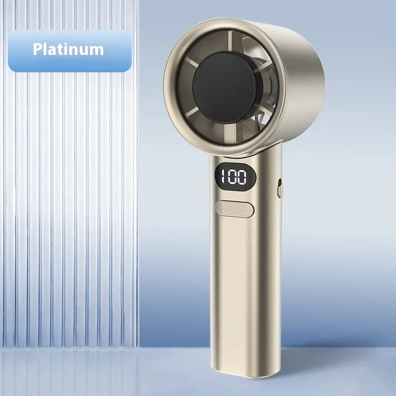 Handheld fan with 120-speed control, USB port, and 1800 mAh battery in choice of colours