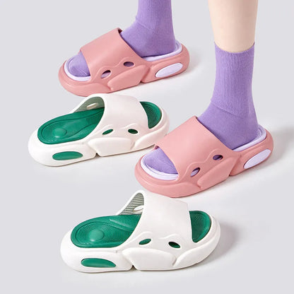 Two-colour thick-soled EVA slippers with a leather lining, shown in pink and purple.