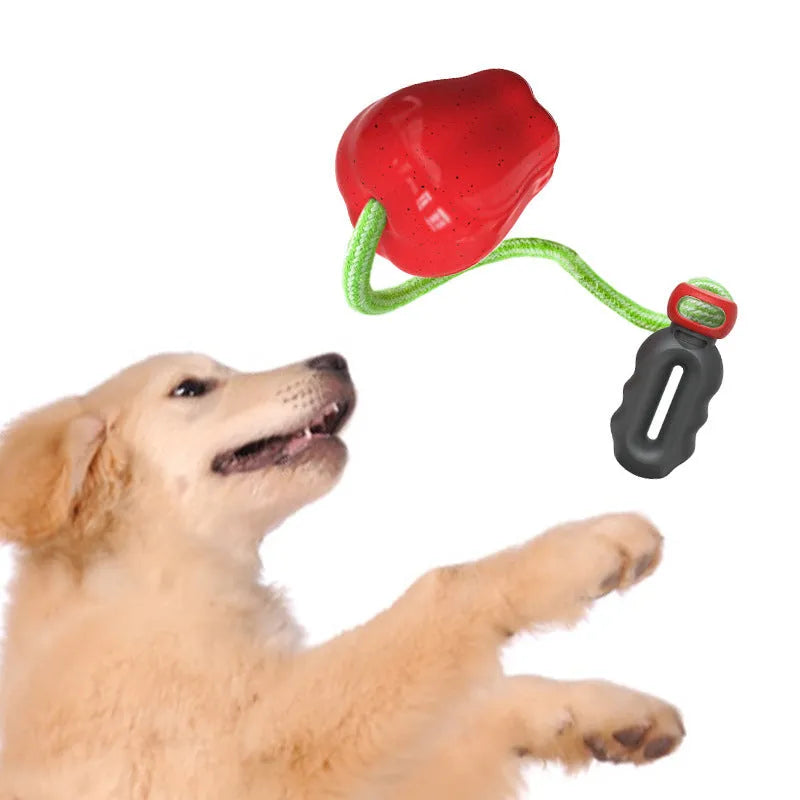 Green and red apple-shaped plastic dog toy with textured surface and a treat hole for interactive chewing.