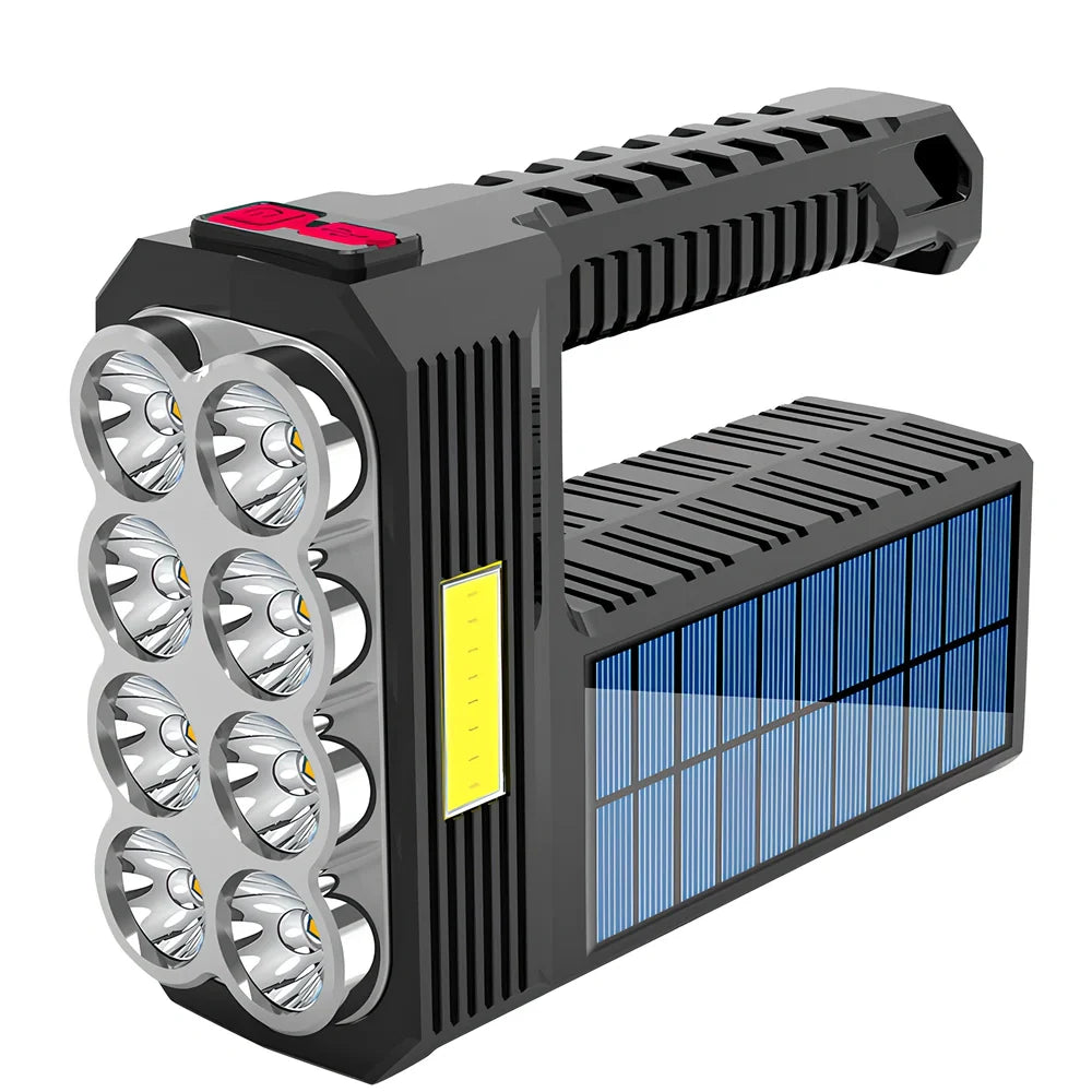 Solar USB rechargeable flashlight with 8 LED heads, aluminium alloy body, rubber switch, and side COB light