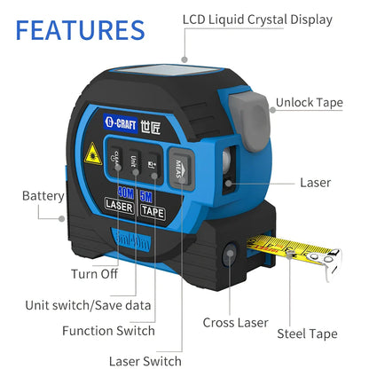 Blue 3-in-1 laser tape measure showing 5m tape extended and 60m infrared beam for construction ranging