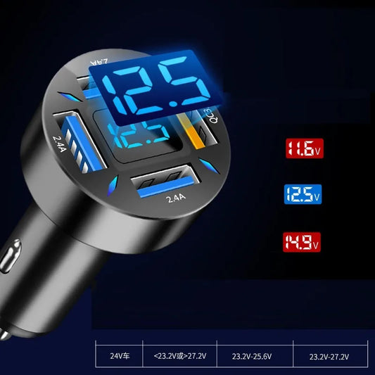 Four-port USB car charger with LED digital display showing voltage, compact black design for vehicle power socket