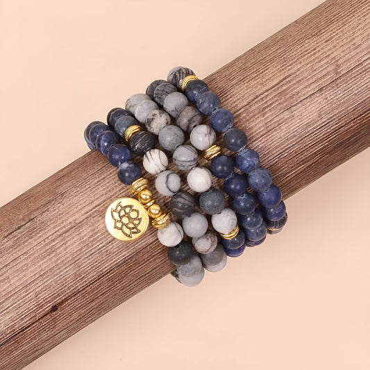 Blue patterned network stone bead multi-layer bracelet with alloy construction in natural style