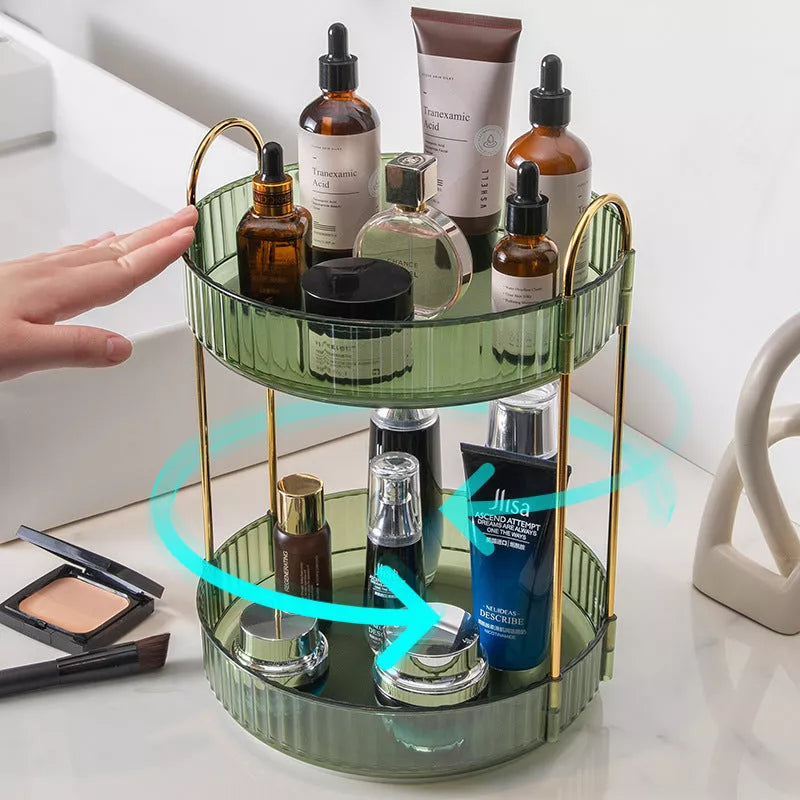 3-layer rotating cosmetic shelf in green, yellow, or white for bathroom organization