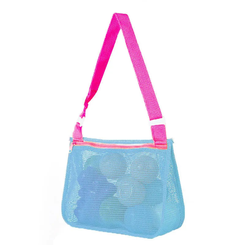 Blue children's travel storage organiser bag with nylon mesh construction and shoulder strap