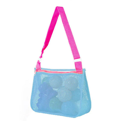 Blue children's travel storage organiser bag with nylon mesh construction and shoulder strap