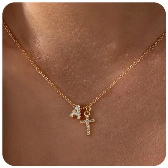A-Z zircon inlaid letter necklace on a copper regular chain with electroplated finish
