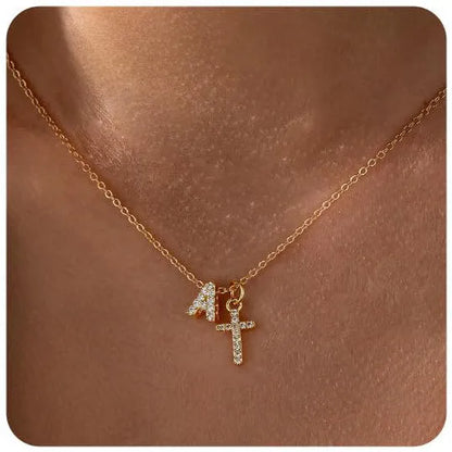 A-Z zircon inlaid letter necklace on a copper regular chain with electroplated finish