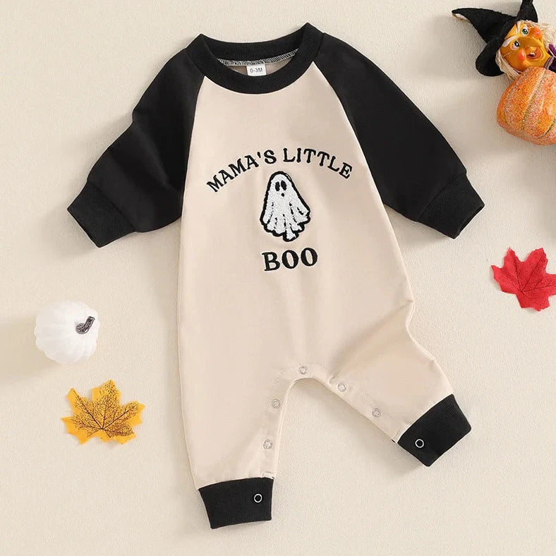 Apricot colour blocked baby jumpsuit with letter ghost embroidery, long sleeves, and pullover closure