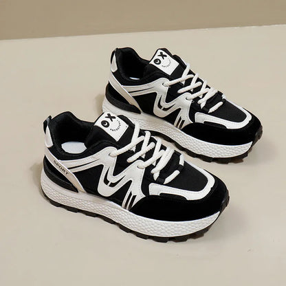 Women's solid colour platform sports casual shoes with flat heel and front lace-up.